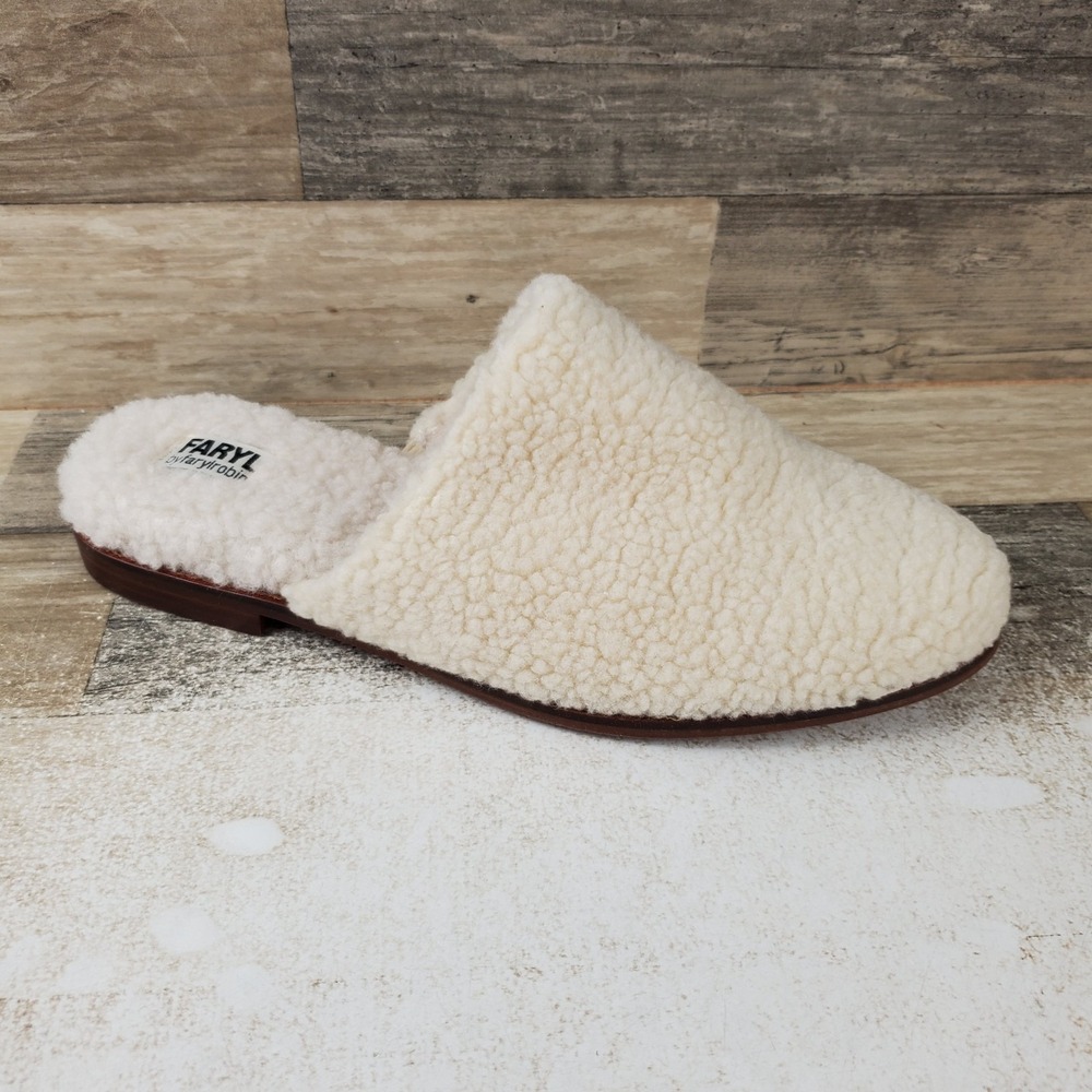 Faryl by Farylrobin Val Womens Mules Sz 11 M Off-White Comfort Faux Fur Slip On